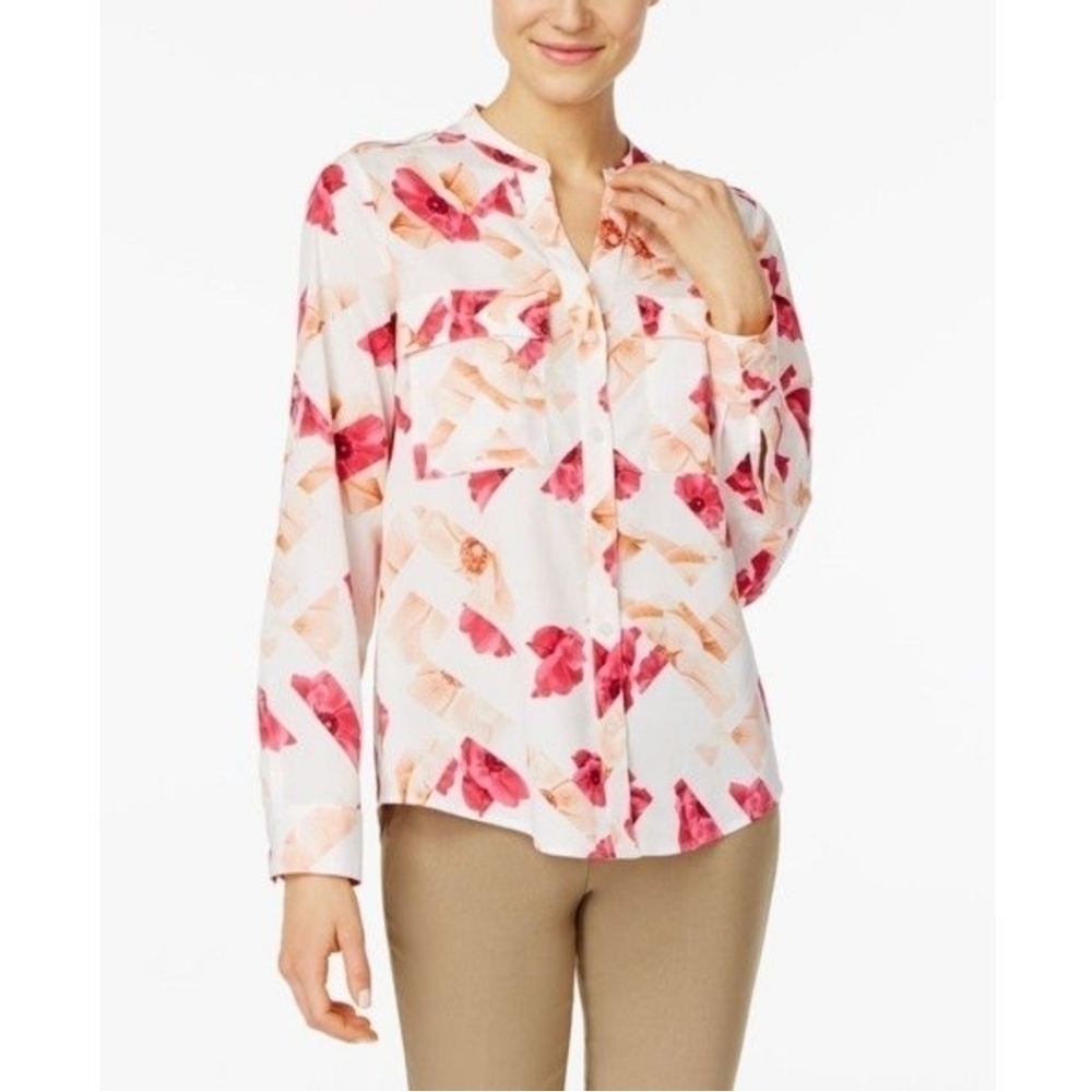 Calvin Klein Floral Button Down Quarter Sleeve Shirt